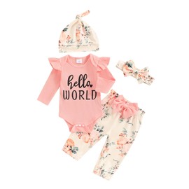 Newborn Girl Spring Long Sleeve Romper Clothes Set I’M NEW Here Letter Bodysuit Flower Print Pants Hat and Bow Headband 4Pcs Set Outfit (Dakr Pink, 0-3 Months)