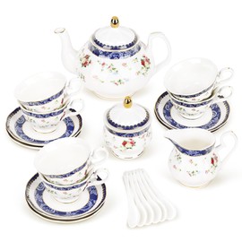 fanquare Bone China Tea Sets for Adults, 21-Piece Blue and Roses Porcelain Tea Service with Sugar Bowl & Creamer, English Cremic Floral Tea Cups Set of 6 for Women Tea Party