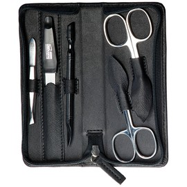 Sonnenschein by Hans Kniebes 5 Piece Leather Manicure Case - Nail Scissors, Cuticle Scissors, Tweezers, File, Hoof Stick - Black