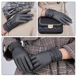 FIORETTO Womens Genuine Leather Gloves Faux Fur Lined Winter Gloves Touchscreen Luxury Sheepskin Gloves Gray Small