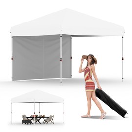 10x10 Instant Pop-Up Canopy with 1 Sidewall – Easy 1-Button Setup, Includes Roller Bag, 3 Height Settings & 4 Weight Bags – Perfect for Backyard, Beach, Sports & Parties,White