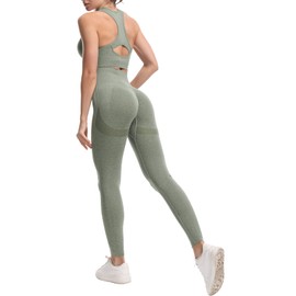 JOJOANS Women's 2 Piece Seamless Tracksuit Set Gym Workout Yoga Outfit Casual Loungewear Racerback Sports Bra and High Waist Leggings (Green, L)