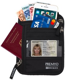 PREMYO Flat Neck Wallet RFID Protection Hidden Passport Holder Women Men Anti-Theft Travel Pouch for Cash Slim Waterproof Lightweight Black