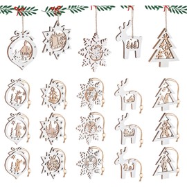 Mocraft 20 pieces Christmas tree decorations made of wood, Christmas tree decorations hanging with string for Christmas decoration, crafts, Christmas decoration.