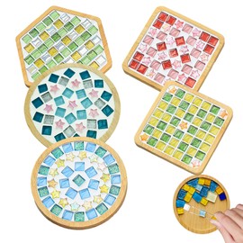 EHR 5 Sets DIY Glass Mosaic Tile Coaster Craft Kit,Colorful Mosaic Set with Bamboo Coasters for Adults,DIY Crafts for Adults