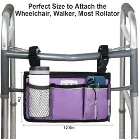 Wheelchair Side Organizer Storage Bag Armrest Pouch with Cup Holder and Reflective Stripe Use Waterproof Fabric, for Most Wheelchairs, Walkers or Rollators (Purple)