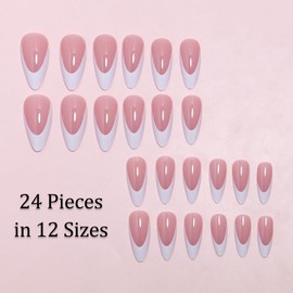 24PCS Press on Nails Almond - Pink French Tip False Nails with Glue - Medium Long Stick on nails - Full Cover Fake Nails Almond - Tips and Glue on nails for Women French Manicure