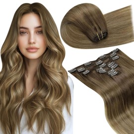 LaaVoo Clip-In Real Hair Extensions Balayage Brown Real Hair Extensions Clip Light Brown Ombre Dark Blonde Clip-In Extensions Real Hair Full Head 120 g 7 Pieces 45 cm #6/8/14