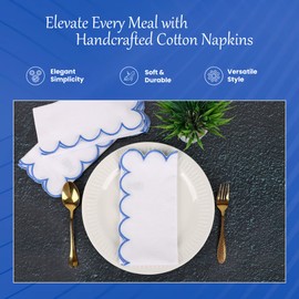 Scalloped Embroidery Cloth Napkins Premium Quality Table Decor Spring and Summer 100% Cotton Reusable Washable Napkin -18 x 18 inch (Sl-White Napkin with- Light Blue Edges, Pack of 4)