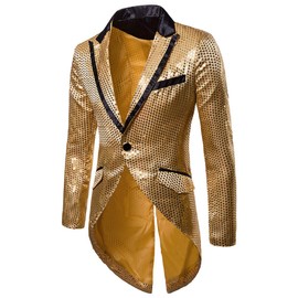 Cloudstyle Mens Sequin Tailcoat Swallowtail Suit Jacket Party Show Tux Dress Coat,Gold,Small
