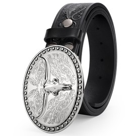 JASGOOD Western Leather Cowboy Belt for Men Women Longhorn Buckle Cowgirl Belt Floral Engraved Embossed Vintage Unisex Belt for Jeans Black