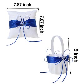 Amajoy 2pcs Wedding Set White Satin and Royal Blue Flower Girl Basket and Ring Pillow Set with Double Heart Rhinestone Decor