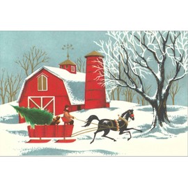 ART.COM Stretched Canvas Print Barn, Horse-Drawn Sleigh, 36" x 24"