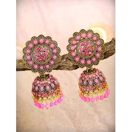 Crunchy Fashion Bollywood Jewelry Traditional Ethnic Bridal Bride Wedding Bridesmaid Indian Meenakalri Floral Pink Golden Earrings For Women