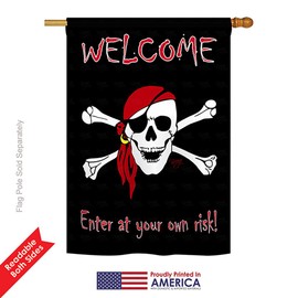 Breeze Decor H107045 Enter at Your own Risk Coastal Pirate Decorative Vertical House Flag, 28" x 40", Multicolor
