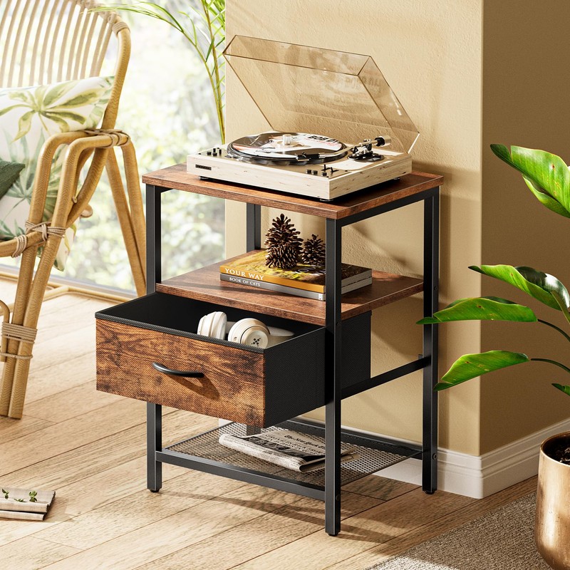Huuger Night Stand with Fabric Drawer, Side Table with Mesh