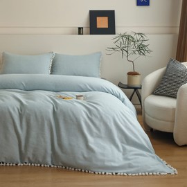 Simple&Opulence Boho Linen Duvet Cover Set with Tassel Fringe, 3Pcs Flax Cotton Blend Comforter Set-1 Duvet Cover&2 Pillowcases, Soft Breathable Farmhouse Bedding with Button Closure(Light Blue, King)