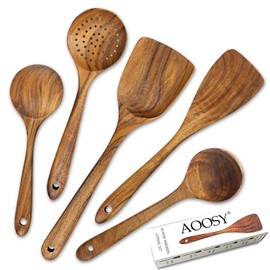 AOOSY 5 Piece Natural Acacia Wood Kitchen Tools No Glue Dig From Chunks Rice Spoons Spatula Turner Skin Mer Ladle Soup Spoon Soup Spoons Squishies Cookware with Box