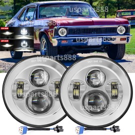 usparts888 2PCS Fit for Chevy II/Nova 1969-1979 7" Round Chrome LED Headlights Hi/Lo Beam