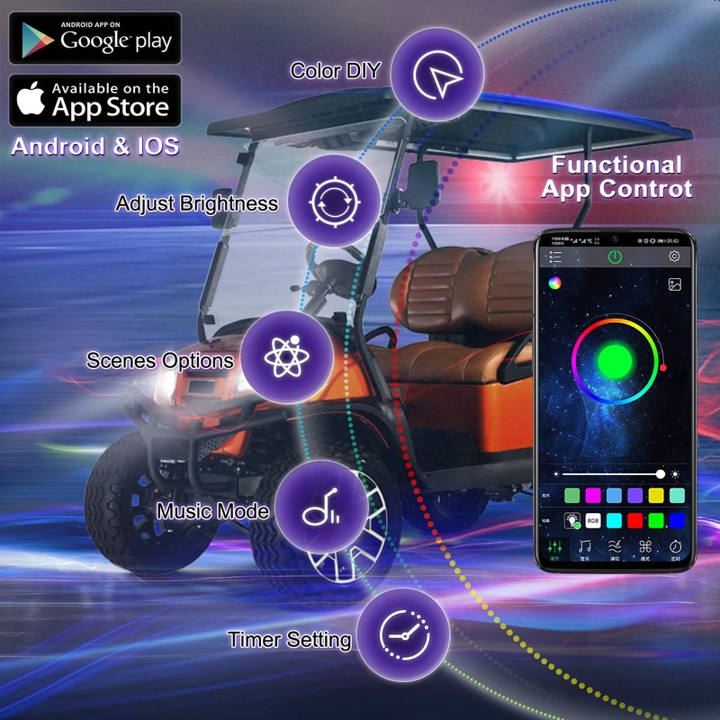 Roykaw Golf Cart Underglow LED Lights Strip Kit Underbody Neon