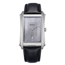 BERNY Mens Business Casual Quartz Watches Stainless Steel Case with Leather Strap Rectangular Watches for Men (Grey
