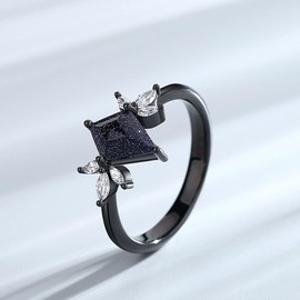 Redfishouse Statement Rings for Women - Vintage Eternity Promise Rings with a 7x10 Kite Shaped Blue Sandstone - Unique Black Engagement Rings for Her
