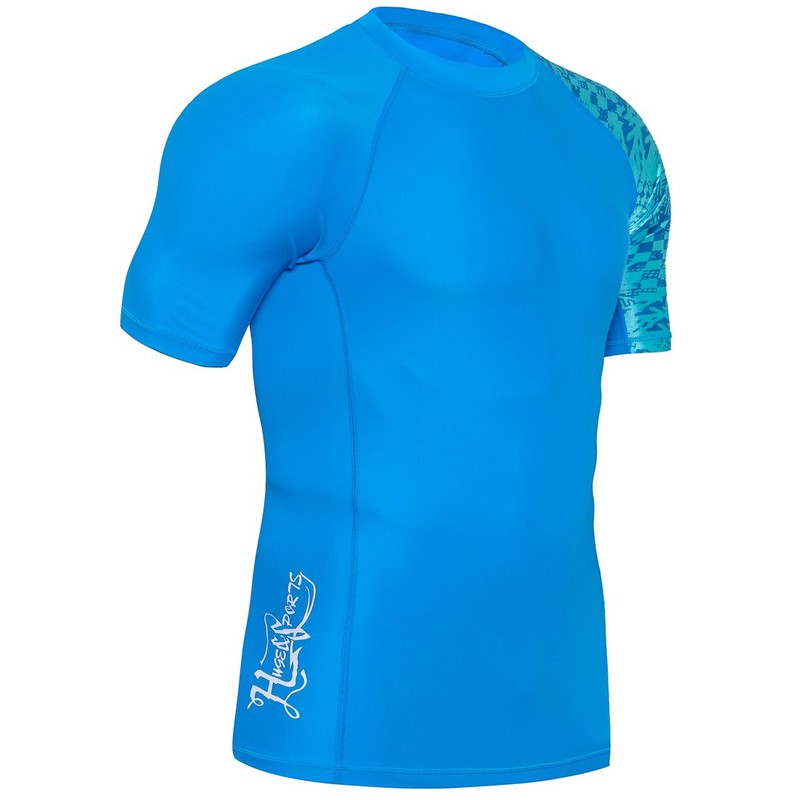 HUGE SPORTS Men's Splice Sun Protection Rash Guard Short Sleeves(Blue