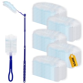 AiQInu Pack of 52 Washable Dusters, 50 Dusters with 1 Long Handle and 1 Short Handle, Microfibre Duster, for Dust, Dirt, Pet Hair, for Home, School, Office