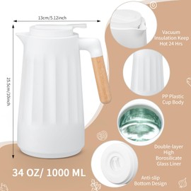 Ziliny 2 Pcs 34 oz Thermal Coffee Carafe for Keeping Hot/Cold Double Wall Vacuum Carafe with Insulated Glass Liner and Wood Handle Coffee Pot Container for Drinks Milk Tea Chocolates(White)