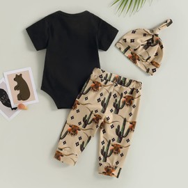 SAYOO Western Newborn Baby Boys Cowboy Outfits Cow Print Letter Bodysuit+Long Leggings+Cap 3pcs Infant Boy Country Clothes