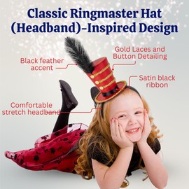 Dress Up America Ringmaster Hat for Girls – Mini Red Top Hat Headband with Feather & Gold Accents – Circus Costume Accessory