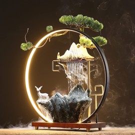 17In Water Fountains Indoor Tabletop Water Fall Humidifier with LED Light and Atomizer Mist, Zen Decor Meditation Japanese Decor Fake Plants Feng Shui Decor Festival Birthday Gift for Good Luck Wealth