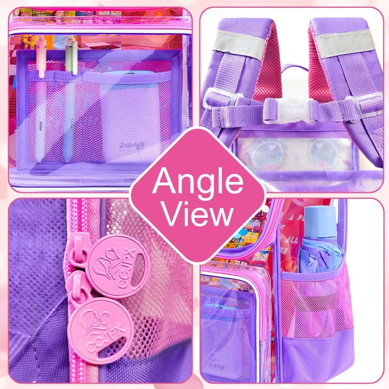 KLFVB 3PCS Girls Clear Bookbag, 15" Mermaid Transparent Backpack for