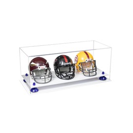 Better Display Cases Acrylic Three Mini - Miniature Football Helmets (not Full Size) Display Case with Clear Case, Dark Blue Risers and White Base 19.25" x 8.25" x 8" (V47/A103)