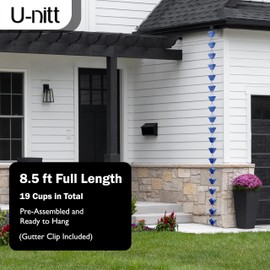 U-nitt Rain Chain Water Collection for Gutters Rainwater Catcher & Diverter, 8.5 FT Chains for Outside Garden, Blue Square Cups, Roof Downspout, Works with Heavy Rain, w/Gutter Clip for Rainchains