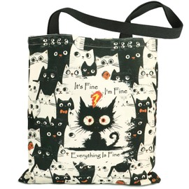 Gifts for Mum, Canvas Tote Bag, Cat Gift Bag for Women Girls, Aesthetic Tote Bags with Sturdy Shoulder Straps, Cute Fabric Tote Bag with Fluffed up Cat Pattern for Women Working & Shopping