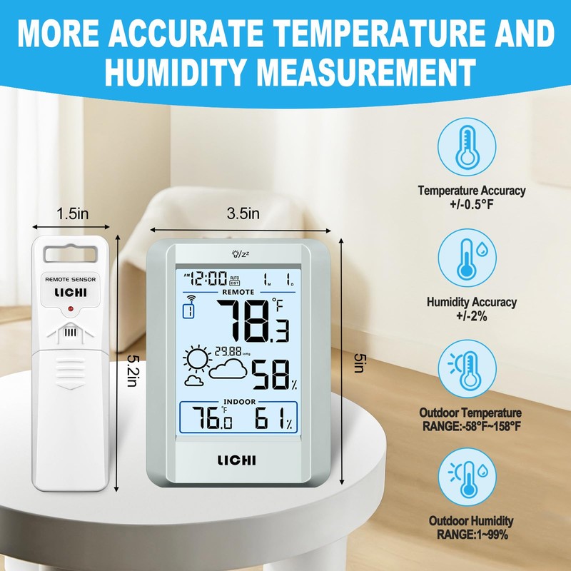 Indoor Outdoor Thermometer Wireless Weather Station External Thermometer Hygrometer Monitor