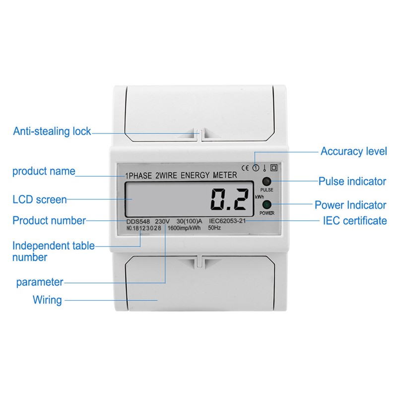 DDS548 Watt Hour Meter LCD Display Single Phase 230VAC Electric