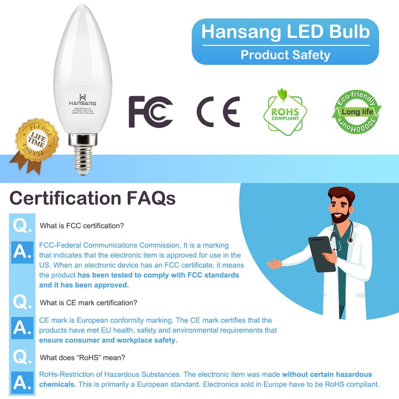 hansang E12 Candelabra LED Light Bulbs 6000K Cool Daylight White,
