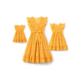 PATPAT Mommy and Me Dresses Matching Set Ruffle Flutter Short Sleeve Yellow Polka Dot Dress Mom and Baby Girl Matching Outfits Boho Casual Midi Romper Dresses for Baby Girl 12-18 Months