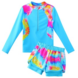 TFJH E Two Piece Girls Long Sleeve Swimsuits Rashguard Sunsuits UPF 50+ Bathing Suits Zipper Blue Tiedye 6A