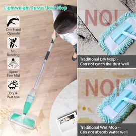 Spray Mop for Floor Cleaning, TINA&TONY Microfiber Hardwood Dry Wet Kitchen Mop with 3 Washable Pads & 635ML Refillable Bottle, Dust Mop with Sprayer for Laminate Tile Vinyl Floors, Green