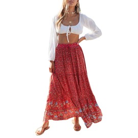 ZESICA Women's 2023 Bohemian Floral Printed Elastic Waist A Line Maxi Skirt with Pockets,Red#2,Small