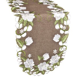 Beautiful White Magnolia Floral Design and Green Leaves Embroidered Cutwork Edges on Brown Polyester Linen, Table Runner, Table Centerpiece, Dresser Scarf, Coffee Table Runner, Scarf (14Wx51.5L)