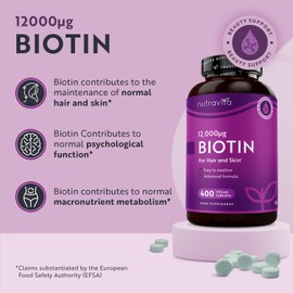 Nutravita - Biotin Hair Growth Supplement 12000mcg - 400 Vegan High Strength Biotin Tablets (1+ Year Supply) - High Absorption Vitamin B7 Biotin Tablets for Hair - Supports Skin & Hair Growth