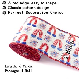HIENAJ Patriotic Ribbon 4th of July Stars and Stripes Burlap Wired Edge Ribbon 2.5Inch 6Yards American Flag and Fireworks Ribbon for Independence Day Gift Wrapping DIY Wreath Bow Craft Sewing