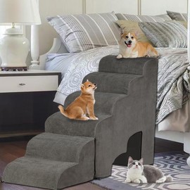 6-Step Dog Stairs Dog Steps 28 inches High for Small Large Dogs for High Beds 28-34 inches Tall, 35D Foam Dog Steps/Dog Ramp for High Beds 28 inches Tall, Pet Stairs for Old Dogs/Cats, Grey