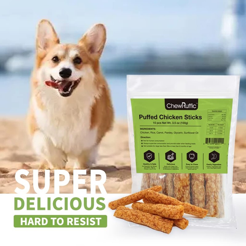 ChewRuffic Chicken Dog Chew Sticks, Puffed Human Grade Dog Treat