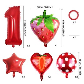 SKTMH 7pcs Strawberry Balloons Strawberry Party Decorations Fruit Strawberry Birthday Number Mylar Foil Balloons Star Balloons for Strawberry Party Supplies Strawberry 1st Birthday Party Decorations