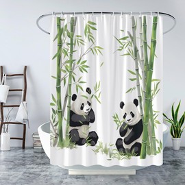 UPUMKSK Cute Panda Shower Curtain Green Leaves Tree Asian Art Painting Funny Wildlife Watercolor Nature Plant Cartoon Chinese Animal Bath Curtain with Hooks